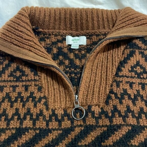 AERIE Fair Isle Aztec Pattern Oversized Quarter Zip Brown Black Size XS - Picture 9 of 10